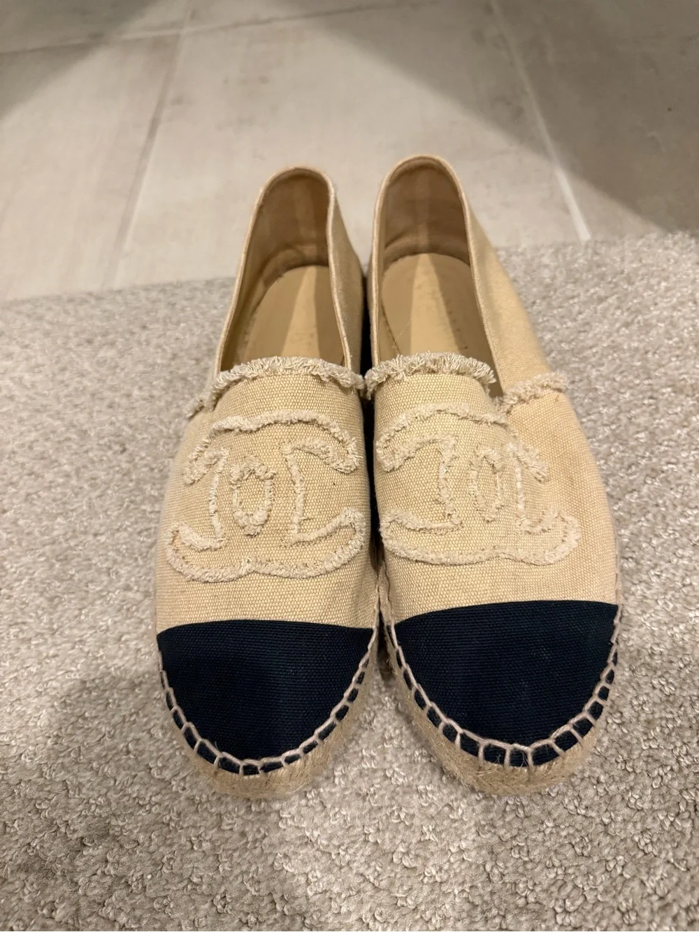 CHANEL Beige Canvas Espadrilles with Black Cap Toe